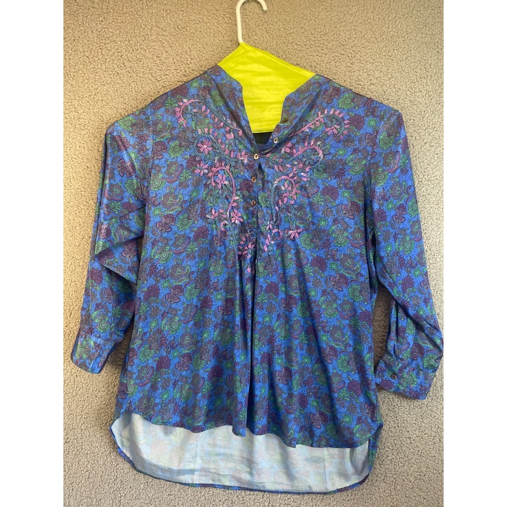 Anu‎ Shirt Women L Large  Button Up Silk Collared Long Sleeve Casual Solid